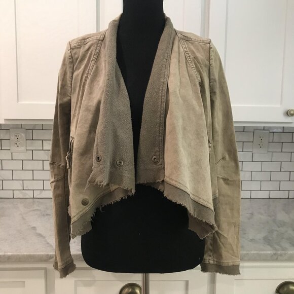 Free People Jacket Womens Small Brown Drape Front Raw Hem Distressed Zip Pockets - Picture 1 of 9